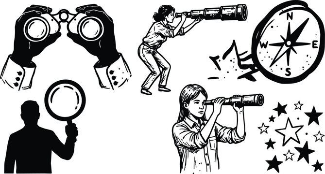 Black and white line art binoculars telescope magnifying glass compass stars and explorer silhouettes