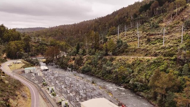 Up over Tungatinah power station Hydro Tasmania Nive river renewable energy generation.