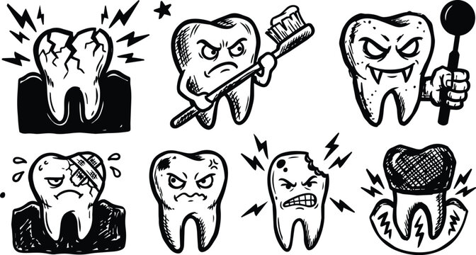 Black and white vector art angry tooth icons set with cracked bandaged vampiric and toothbrush characters