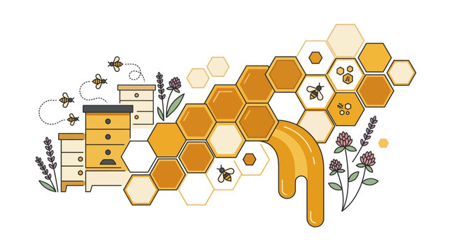 Illustration of honeybees and honeycomb with flowers.