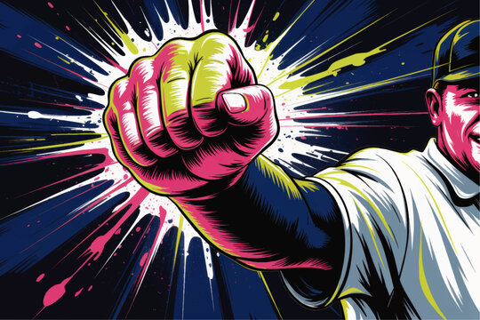 Dynamic neon fist punch comic illustration with energetic splash background, powerful pop art sports poster, bold urban street style