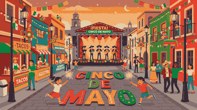 Vibrant cinco de mayo celebration in a mexican town with festive street decorations and people