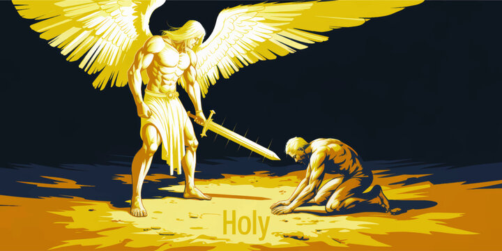 Powerful golden archangel with glowing sword and kneeling man in worship, dramatic holy fantasy religious illustration