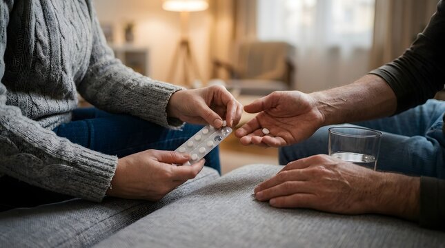 Close-up of hands exchanging a blister pack of pills, symbolizing healthcare assistance and daily medication routine within a supportive home environment, offering comfort