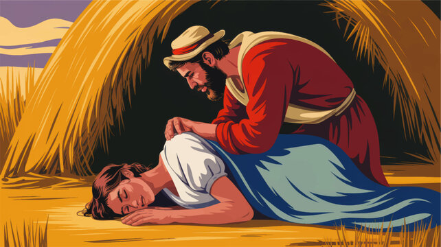 Biblical illustration of Boaz protecting Ruth sleeping on threshing floor, vintage Christian art, compassion, harvest field night scene