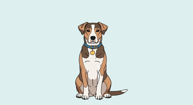 A delightful illustration of a medium-sized dog with tri-colored fur, sitting attentively on a plain background