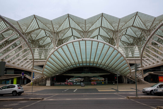 Modern architecture facade of the Estacao de Comboios do Oriente in Parque das Nacoes, Lisbon, Portugal