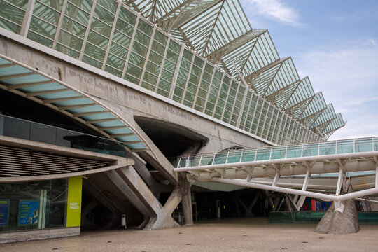 Modern architecture facade of the Estacao de Comboios do Oriente in Parque das Nacoes, Lisbon, Portugal