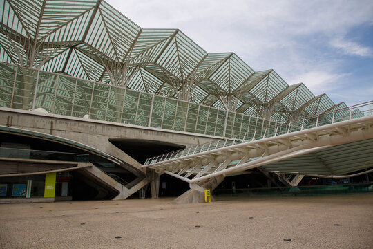 Modern architecture facade of the Estacao de Comboios do Oriente in Parque das Nacoes, Lisbon, Portugal