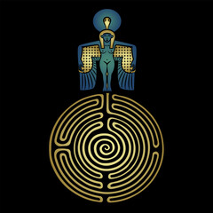 Obraz premium Winged ancient Egyptian goddess standing on a round spiral maze or labyrinth symbol. Female archetype. Creative mythological concept.