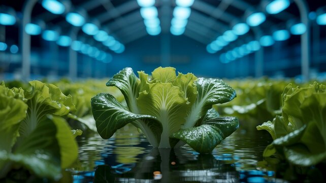 Fresh green lettuce growing in futuristic indoor hydroponic farm with blue LED grow lights, sustainable vertical farming technology for smart agriculture and organic food production.