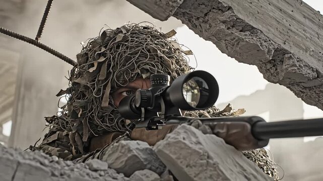 Sniper in ghillie suit aiming rifle from concrete rubble
