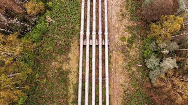 Top down aerial view over Tarraleah hydro power station in Tasmania on Nive river.