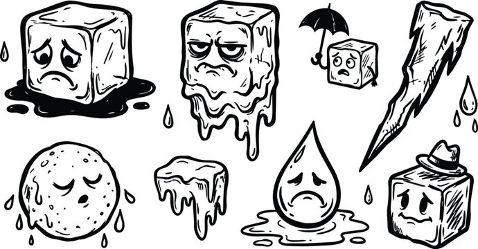 Black and white melting ice cube characters with sad expressions and dripping water