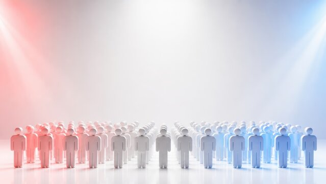 Large crowd of white 3D human figures lit by red and blue spotlights, symbolizing public voting, demographic segments, social population management