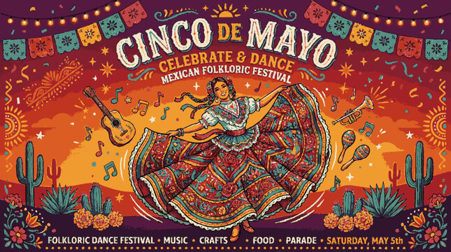 Colorful cinco de mayo celebration poster with vibrant folkloric dancers festive decorations and desert cacti under a sunset sky