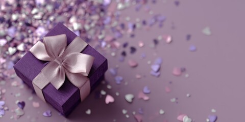 Fototapeta premium Beautiful purple gift box with silver ribbon and metallic heart confetti, creating an elegant romantic holiday composition.