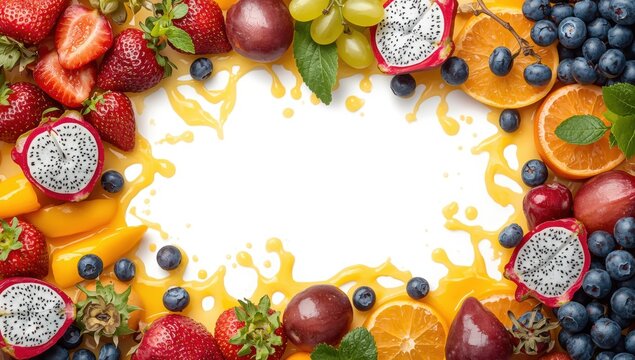 Colorful tropical fruit border frame with fresh berries and citrus splashing juice isolated on white background