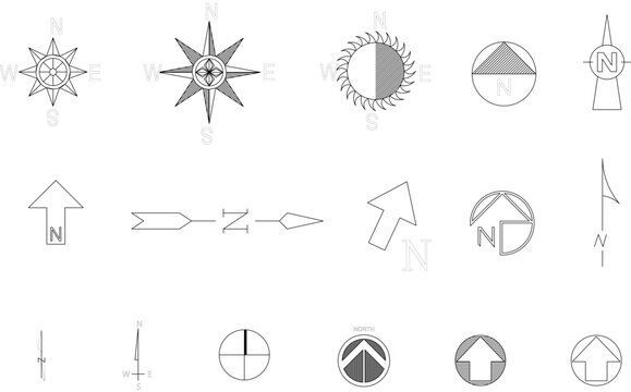 Collection of various North arrow symbols and compass roses used in architectural and engineering drawings to indicate orientation on maps and blueprints.
