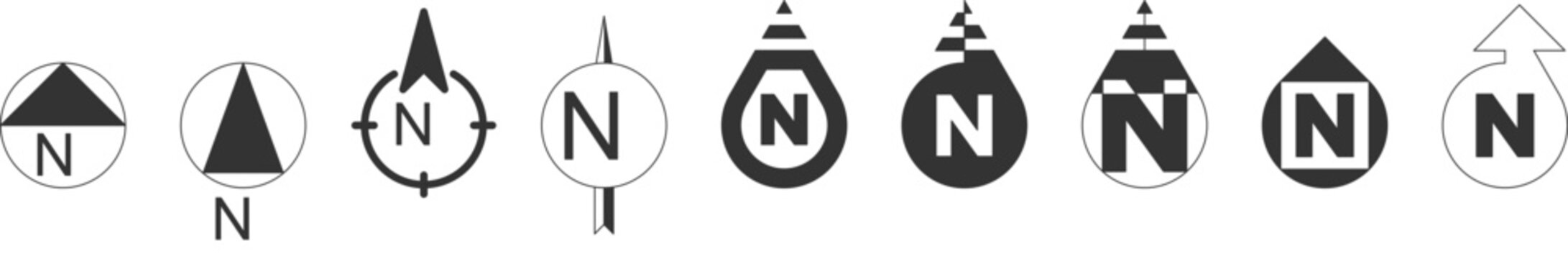 Collection of minimalist architectural north arrow symbols and compass icons, featuring various black and white vector designs.