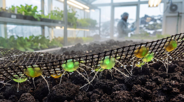 Hydroponic greenhouse scene showing seedling propagation on a mesh with gel beads, delicate roots in soilless media and a worker tending plants in the misty background