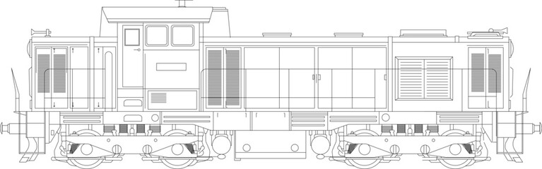 Minimalist architectural elevation vector of a diesel locomotive train, featuring detailed linear technical drawing lines. © Riki