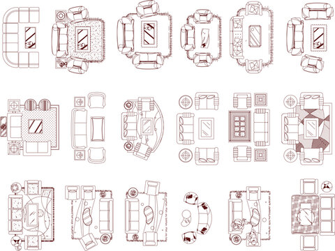 Technical architectural plan view collection showing various furniture layouts including dining tables, sofas, armchairs, and rugs in a sketchy style.