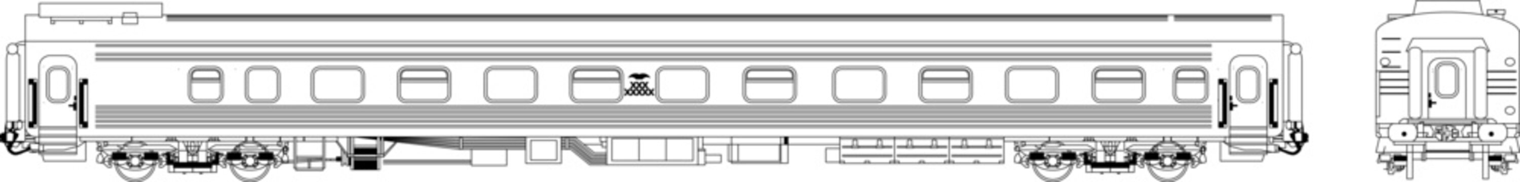 Technical engineering drawing of a passenger train car showing side elevation and end view with detailed bogie wheel assemblies and window configuration.