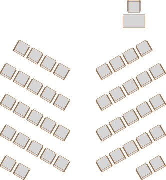 Technical architectural plan view of a lecture hall seating layout featuring chevron-style rows of desks facing a teacher's station at the front.