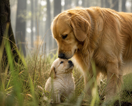 Golden Retriever mother and puppy bonding in a forest during golden hour / Madre y cachorro de Golden Retriever interactuando en un bosque durante la hora dorada