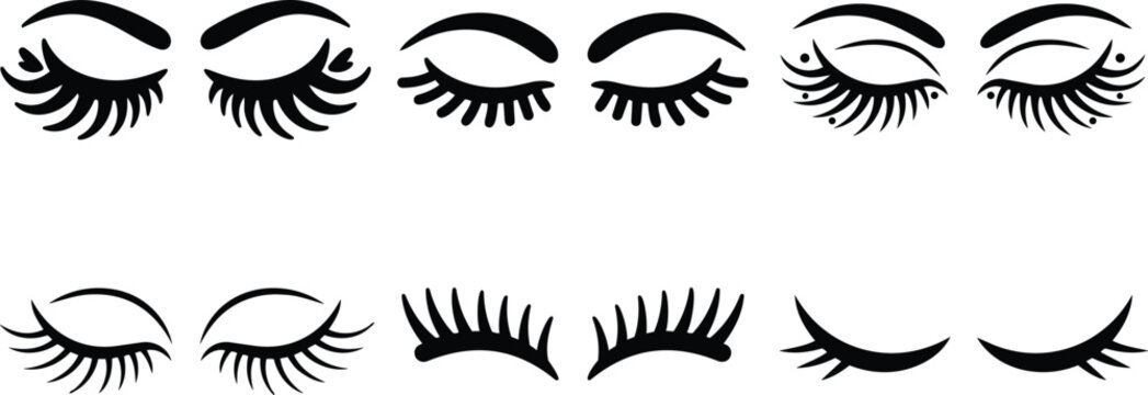 Black eyelash set nine closed eye lash designs flat vector art