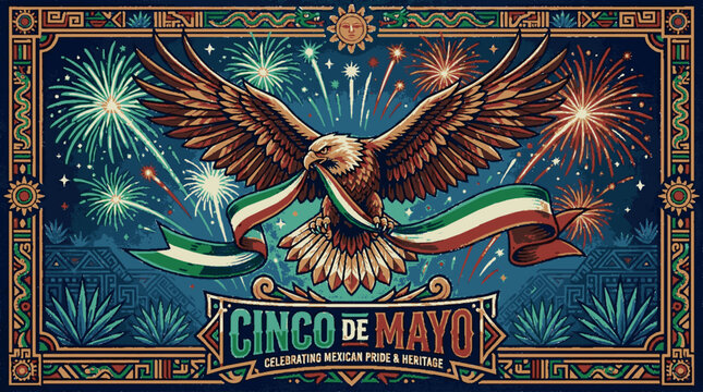 Proud eagle with mexican flag ribbon fireworks on dark blue background cinco de mayo vector artwork with vibrant colors and aztec patterns