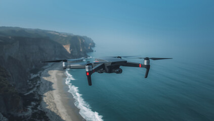 Naklejka premium Gray camera drone hovering in midair above misty ocean waves and steep rocky coastal cliffs at sunset