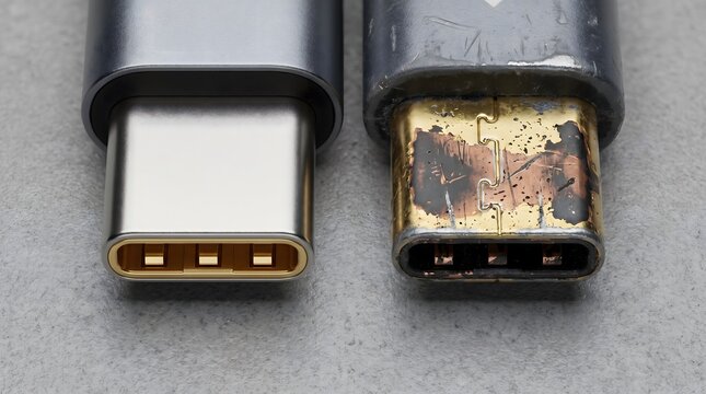 Close-up of new and old USB-C connector comparison, technology upgrade and obsolescence hardware detail, copy space, semiconductor extreme close-up