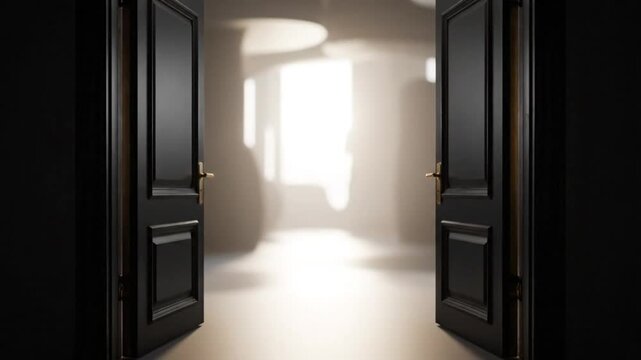 Black double doors opening to a bright and mysterious light with a dark and shadowy hallway, beckoning