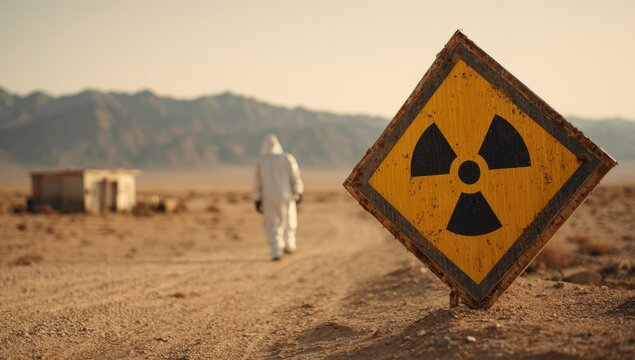 Radioactive Warning Sign in Desert Landscape with Hazmat Suit Figure.