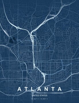 Atlanta USA city map art print , Blueprint style with architect-style blueprint with white and cyan lines on navy blue. Minimalist wall art poster ideal for home, office and trave...