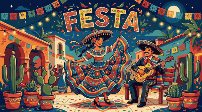Vibrant mexican fiesta scene with dancer and musician under colorful lights and flags at night