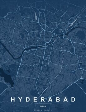 Hyderabad India city map art print , Blueprint style with architect-style blueprint with white and cyan lines on navy blue. Minimalist wall art poster ideal for home, office and t...