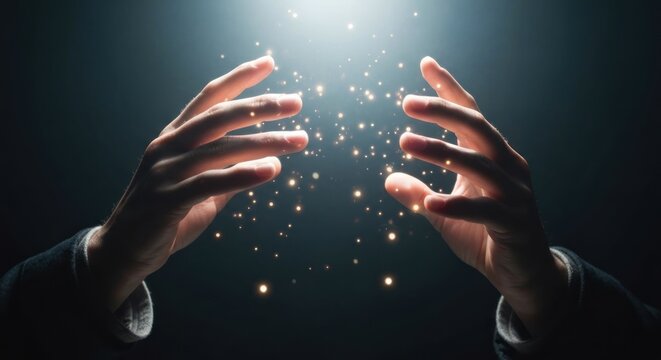 Hands reaching upwards, surrounded by glowing particles