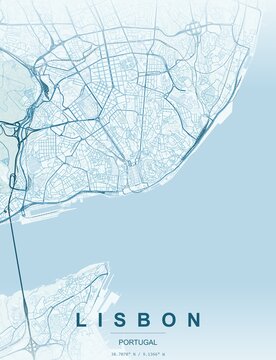 Lisbon Portugal city map art print , Ocean style with calming ocean-inspired tones with teal and aqua street networks. Minimalist wall art poster ideal for home, office and travel...