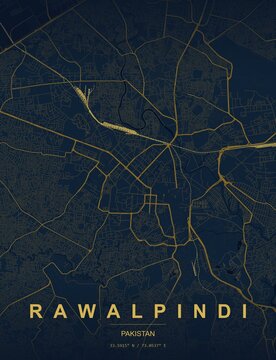 Rawalpindi Pakistan city map art print , Midnight Blue style with deep midnight blue with soft luminous glowing street lines. Minimalist wall art poster ideal for home, office and...