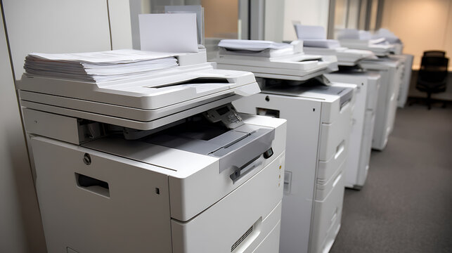 Row of Modern Office Multifunction Printers with Paper Stacks in a Contemporary Workplace Environment for Business Operations and Document Management