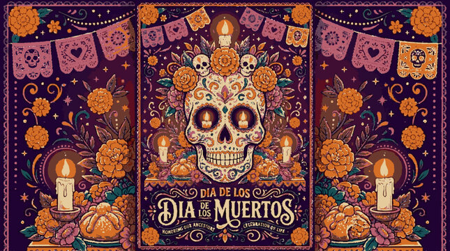 Vibrant day of the dead vector art with sugar skull flowers candles and papel picado banners