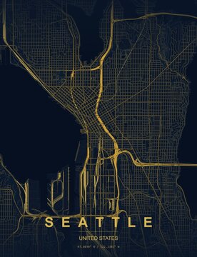 Seattle USA city map art print , Midnight Blue style with deep midnight blue with soft luminous glowing street lines. Minimalist wall art poster ideal for home, office and travel ...