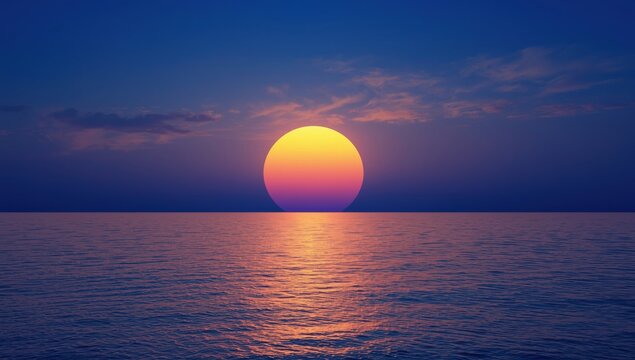 Minimalist sunset over the dark blue ocean horizon with a large glowing sun sphere and soft purple gradient sky