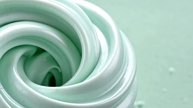 Macro swirl of light green menthol or mint cosmetic cream in spiral shape on matching green background