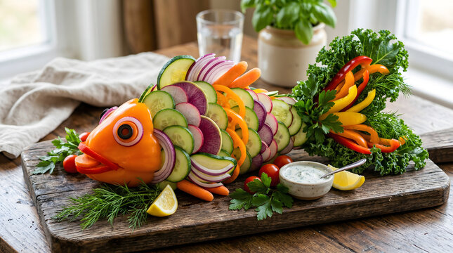Creative fish shaped vegetable platter for healthy party snack
