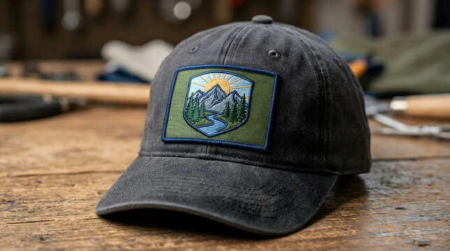 Baseball cap featuring embroidered mountain landscape patch