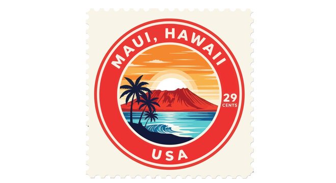 Maui Hawaii Stamp Souvenir, Tropical Beach Sunset, Palm Trees, Ocean Wave, USA